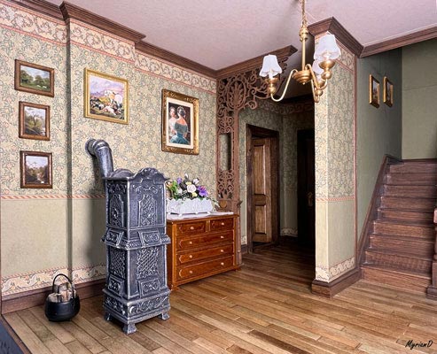 Hall miniature victorien au 1:12 - Papier peint William Morris